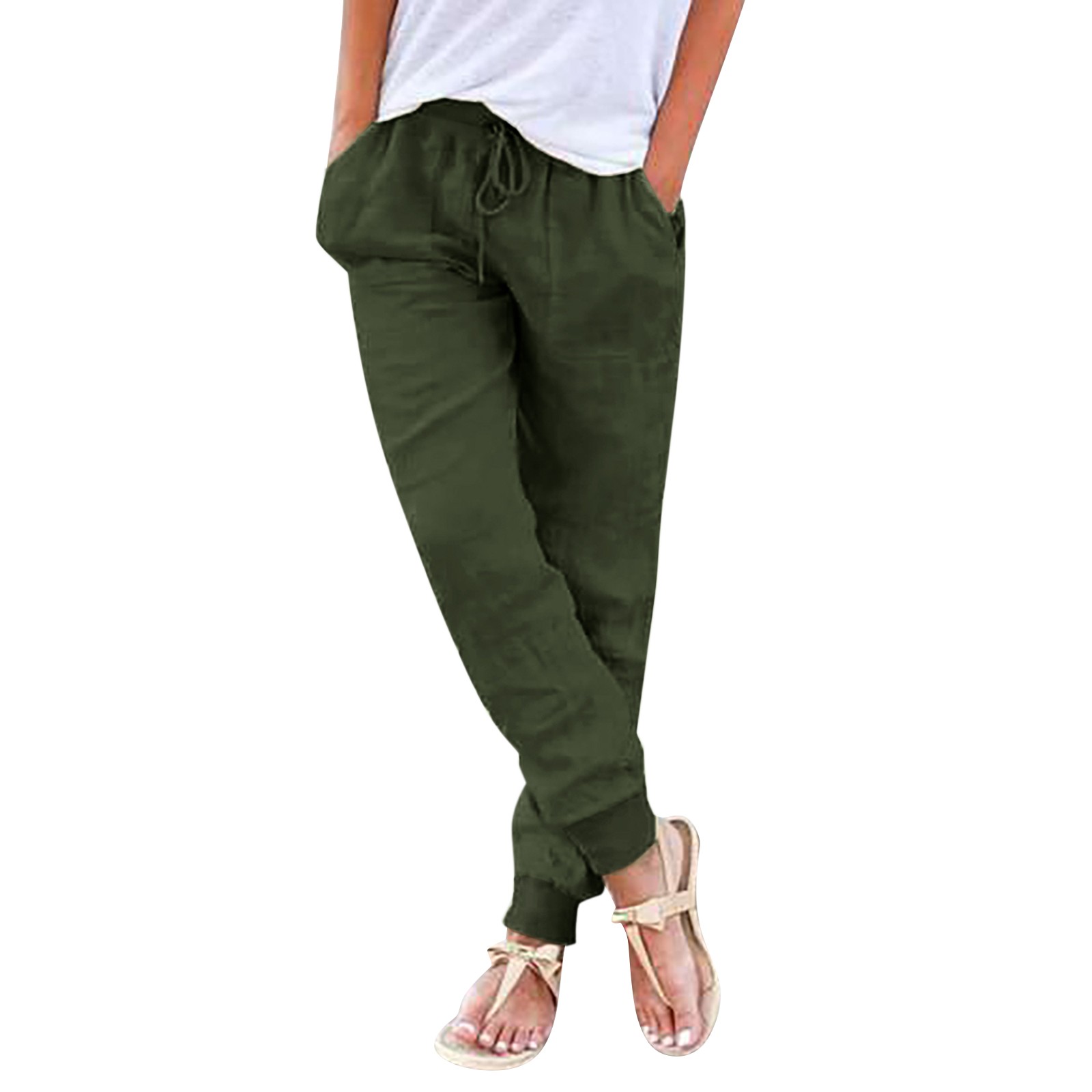 thumbnail image 2 of Pantalones de algodón y lino para mujer: cintura elástica con cordón, bolsillos laterales, pantalones informales, para todas las estaciones, 2 of 8